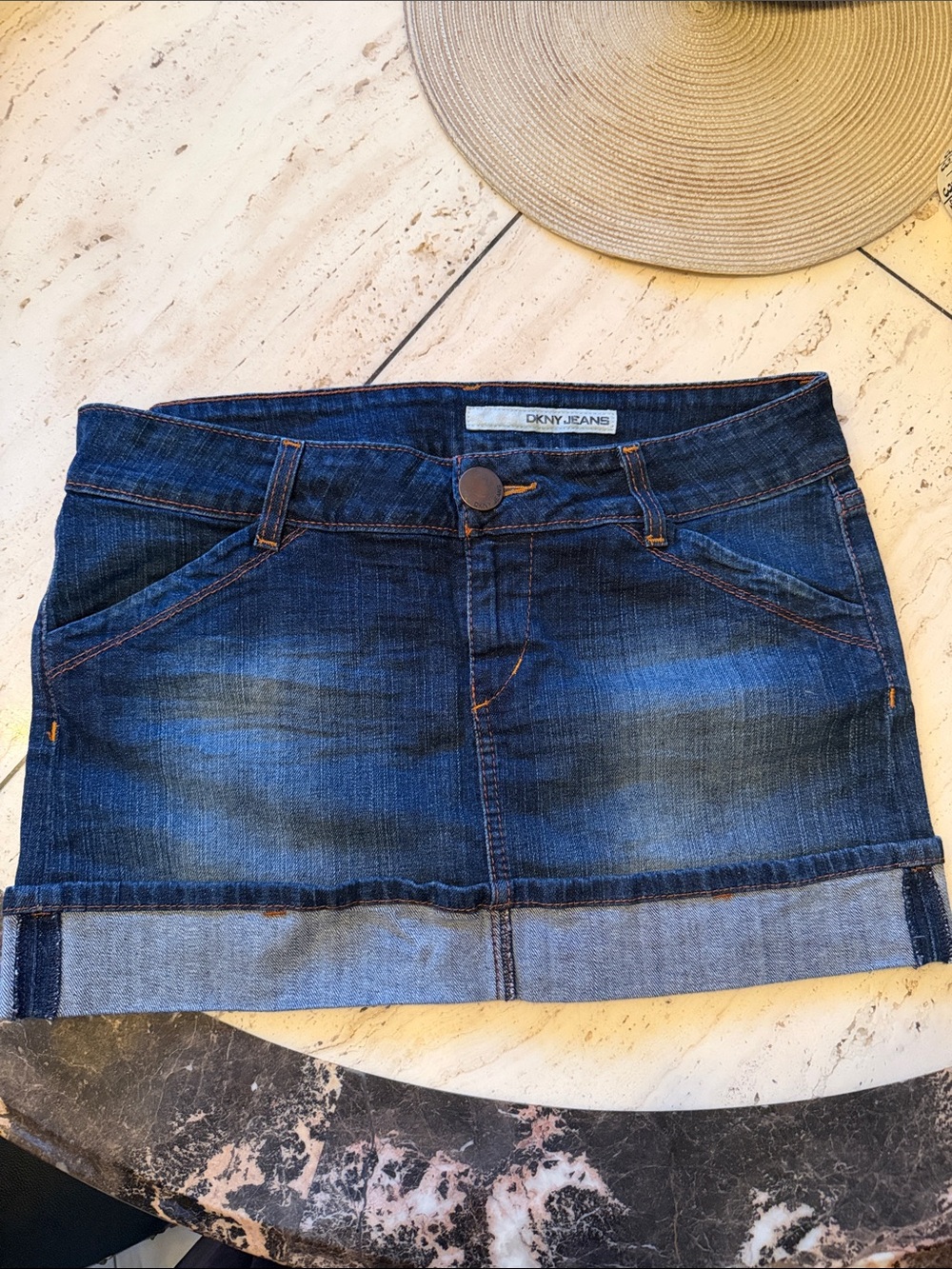 Dkny Vintage Women's Blue Denim Cuffed Mini Skirt w/Embroidered Stitching Pocket